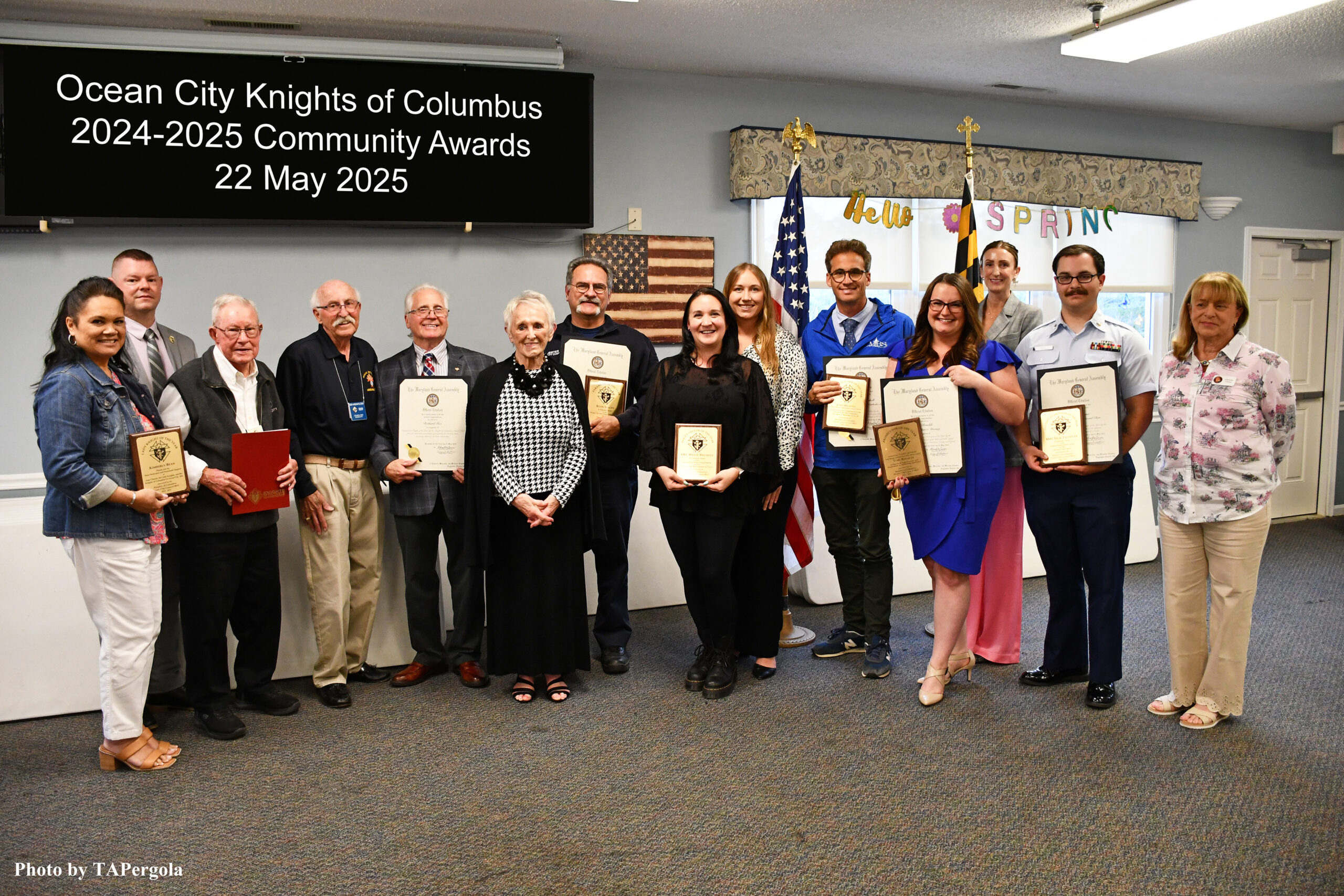 Front Row (Left to Right):  Kathy Foote (Ocean City Knight’s Special Recognition Award), Detective First Class Hailie Brumley (Ocean City Police Officer of the Year), Assistant State’s Attorney Toni Rinaldi (Worcester County Prosecutor of the Year)  Second Row (Left to Right):  Kimberly Bean (Ocean City Lady Knights Auxiliary Member of the Year), Sir Knight Neil Foote (Ocean City Knight’s Special Recognition Award), Sir Knight Ken Hidenfelter (Grand Knight Ocean City Knights of Columbus), Sir Knight Richard Fox (Ocean City Knight of the Year), Ocean CityVolunteer Fire Chief J. Lester, Marissa Poliks (Ocean City Knight's Special Service Award), John Haskell (Most Blessed Sacrament School Teacher of the Year), Petty Officer Zachary Dale (United States Coast Guard, Ocean City), Adrienne Celeste (President, Ocean City Lady Knights Auxiliary)  Back Row (Left to Right):  Ocean City Chief of Police Raymond J Austin, Kristin Heiser (State's Attorney, Worcester County)  Awardees not able to attend and not Pictured:  Kyle Tanner (Ocean City Volunteer Firefighter of the Year), Ryan Wooten (Ocean City Career Firefighter of the Year), Ryan Stacy (Ocean City Paramedic of the Year), Boatswain's Mate 2nd Class Nick Zaldivar (Ocean City United States Coast Guardsman of the Year)